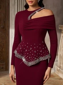 Aureia Elegant Romantic Ballet Dark Red Pearl Rhinestone Beaded One Long Sleeve Peplum Mermaid Floor Length Train Formal Gala Dinner Cocktail Evening Prom - Burgundy - View 5