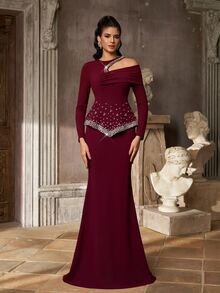 Aureia Elegant Romantic Ballet Dark Red Pearl Rhinestone Beaded One Long Sleeve Peplum Mermaid Floor Length Train Formal Gala Dinner Cocktail Evening Prom - Burgundy - View 10