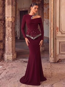Aureia Elegant Romantic Ballet Dark Red Pearl Rhinestone Beaded One Long Sleeve Peplum Mermaid Floor Length Train Formal Gala Dinner Cocktail Evening Prom - Burgundy - View 11