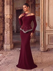 Aureia Elegant Romantic Ballet Dark Red Pearl Rhinestone Beaded One Long Sleeve Peplum Mermaid Floor Length Train Formal Gala Dinner Cocktail Evening Prom - Burgundy - View 12