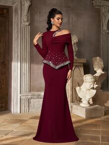Aureia Elegant Romantic Ballet Dark Red Pearl Rhinestone Beaded One Long Sleeve Peplum Mermaid Floor Length Train Formal Gala Dinner Cocktail Evening Prom - Burgundy - View 13