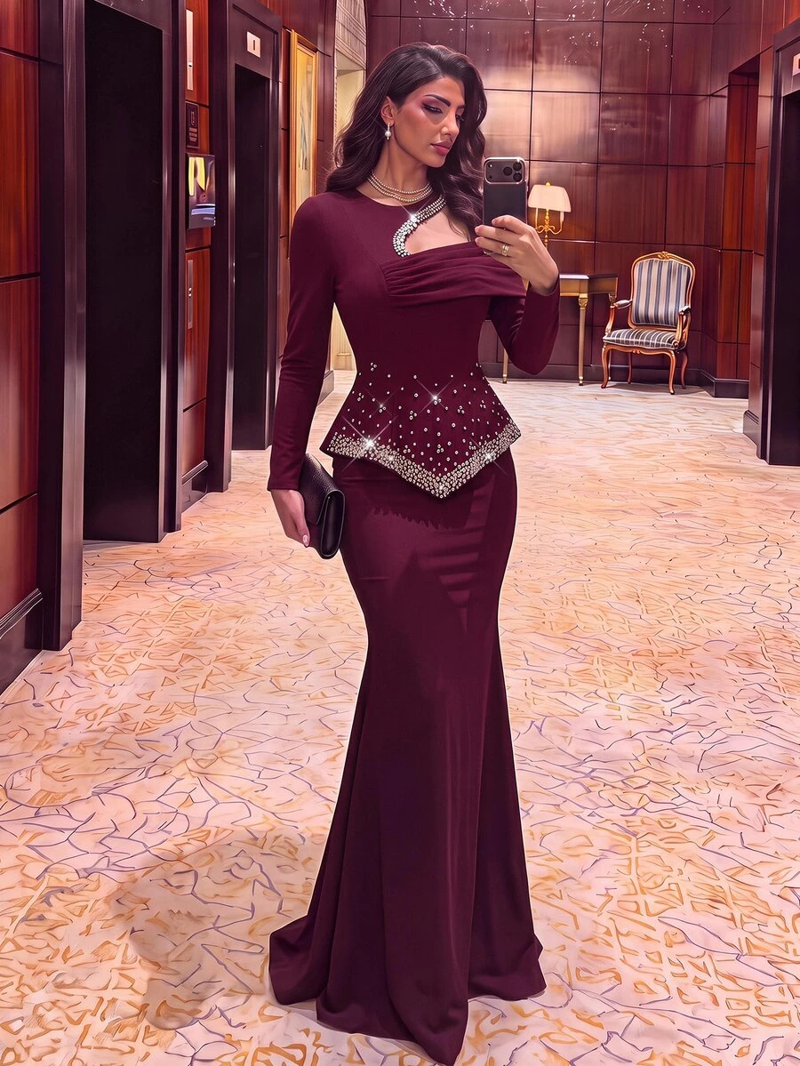 Aureia Elegant Romantic Ballet Dark Red Pearl Rhinestone Beaded One Long Sleeve Peplum Mermaid Floor Length Train Formal Gala Dinner Cocktail Evening Prom