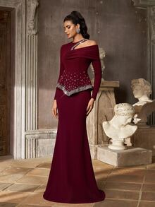 Aureia Elegant Romantic Ballet Dark Red Pearl Rhinestone Beaded One Long Sleeve Peplum Mermaid Floor Length Train Formal Gala Dinner Cocktail Evening Prom - Burgundy - View 9
