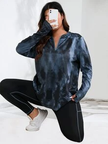 SHEIN Rhythm Era 大码扎染缺口领运动 T 恤和领口运动 T 恤和紧身裤健身女套装 - 彩色 - 查看 7