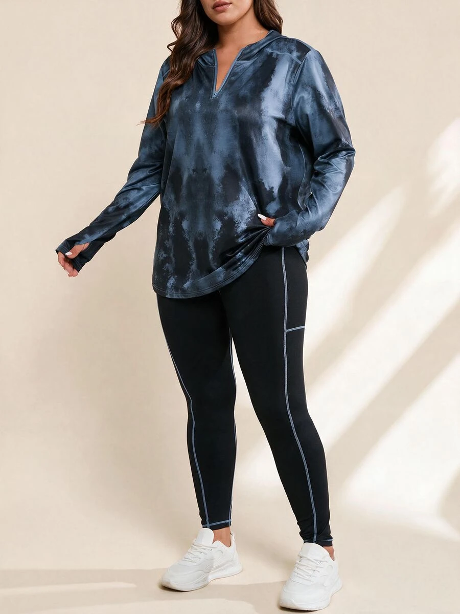 SHEIN Rhythm Era 大码扎染缺口领运动 T 恤和领口运动 T 恤和紧身裤健身女套装