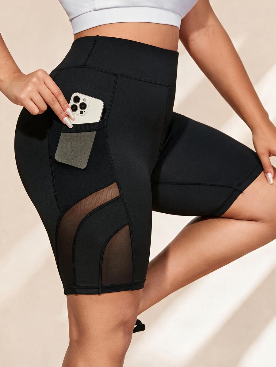 SHEIN Rhythm Era Plus Size Contrast Mesh Biker Shorts With Phone Pocket Legging Shorts - Black - View 1
