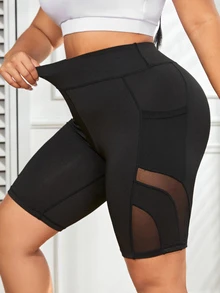 SHEIN Rhythm Era Plus Size Contrast Mesh Biker Shorts With Phone Pocket Legging Shorts - Black - View 5