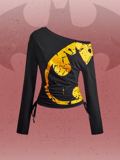 Batman X ROMWE Women's Loose Oversized Long Sleeve Black Co-Branded Asymmetrical Shoulder Casual Hem Tie-Up T-Shirt