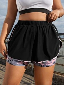 SHEIN Rhythm Era Plus Size Camo Print 2 In 1 Sports Shorts Shorts Sweater Shorts - Black - View 3
