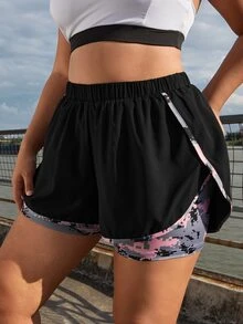 SHEIN Rhythm Era Plus Size Camo Print 2 In 1 Sports Shorts Shorts Sweater Shorts - Black - View 4