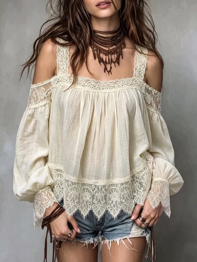 SoleilVie Women's Elegant Lace Patchwork Cold Shoulder Design Long Sleeve Top