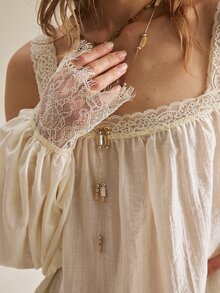SoleilVie ملابس علوية نسائية أنيقة بتصميم كتف بارد مع تطريز دانتيل وأكمام طويلة - لون مشمشي - مشاهدة 7