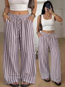 Coolane Women's Plus Size Size Summer Fall Vacation Holiday Beach Casual Boho Oversized Drawstring Waist Loose High-Waist Cotton Striped Straight-Leg Pants - Black and White - View 2