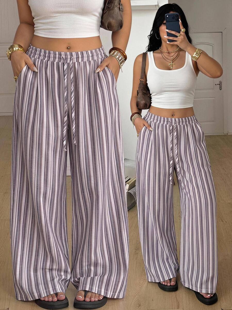 Coolane Women's Plus Size Size Summer Fall Vacation Holiday Beach Casual Boho Oversized Drawstring Waist Loose High-Waist Cotton Striped Straight-Leg Pants