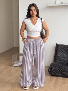 Coolane Women's Plus Size Size Summer Fall Vacation Holiday Beach Casual Boho Oversized Drawstring Waist Loose High-Waist Cotton Striped Straight-Leg Pants - Black and White - View 6