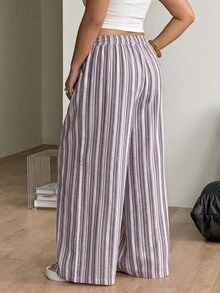 Coolane Women's Plus Size Size Summer Fall Vacation Holiday Beach Casual Boho Oversized Drawstring Waist Loose High-Waist Cotton Striped Straight-Leg Pants - Black and White - View 5