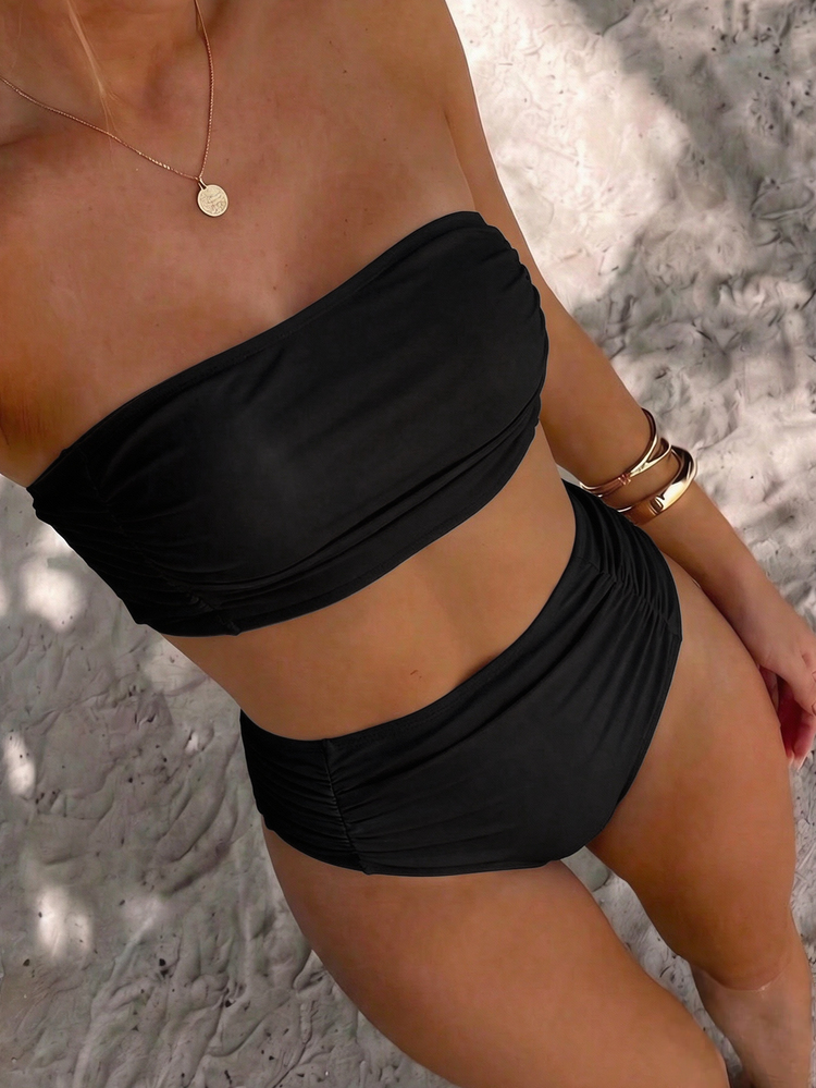 Swim Lushoire Women Summer Beach Strapless Rouched Bikini Set - Black - View 4