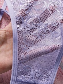 Elorette 內衣套裝（無鋼圈胸罩 + 丁字褲 + 吊襪帶附腿環，3件套） - 淡紫色 - 查看 10