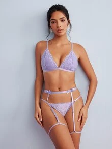 Elorette 內衣套裝（無鋼圈胸罩 + 丁字褲 + 吊襪帶附腿環，3件套） - 淡紫色 - 查看 6