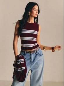 Poéselle 2026 New Spring/Autumn Women's Vacation Wear Burgundy Striped Knit 2 Pieces Set Round Neck Cardigan And Camisole - Multicolor - View 5