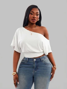 Radiana Comfortable White One Shoulder Short Sleeve Crop Top For Women Formal Summer Casual - White - View 4