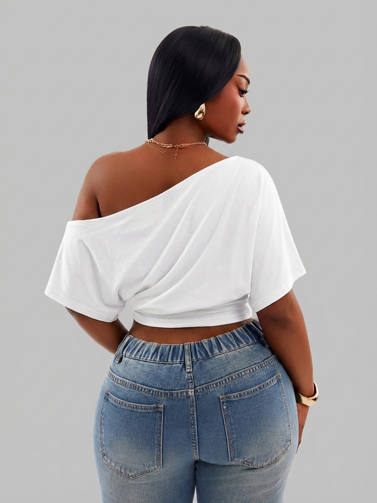 Radiana Comfortable White One Shoulder Short Sleeve Crop Top For Women Formal Summer Casual - White - View 9