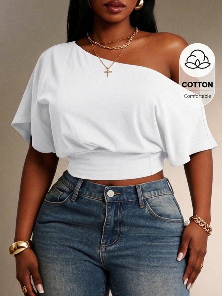 Radiana Comfortable White One Shoulder Short Sleeve Crop Top For Women Formal Summer Casual - White - View 1