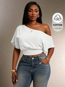 Radiana Comfortable White One Shoulder Short Sleeve Crop Top For Women Formal Summer Casual - White - View 3