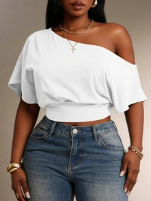 Radiana Comfortable White One Shoulder Short Sleeve Crop Top For Women Formal Summer Casual - White - View 8