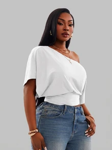 Radiana Comfortable White One Shoulder Short Sleeve Crop Top For Women Formal Summer Casual - White - View 6