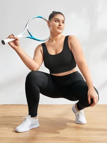 SHEIN Rhythm Era Plus Solid High Support Sports Bra - Black - View 7