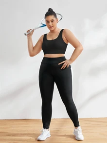 SHEIN Rhythm Era Plus Solid High Support Sports Bra - Black - View 6