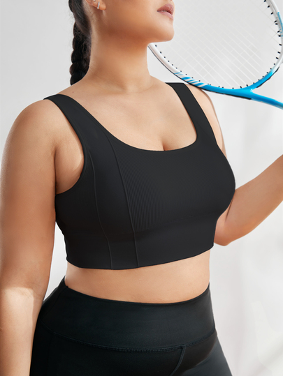 SHEIN Rhythm Era Plus Size Sports Bra Rib-Knit Plain