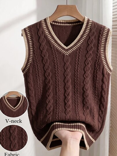 RONVEXI Men's V-Neck Vintage Sleeveless Vest, Retro Cable Knit Spring/Autumn/Winter Top, Brown Stripe Color Contrast Loose Fit Tank Vest, Casual Outfit