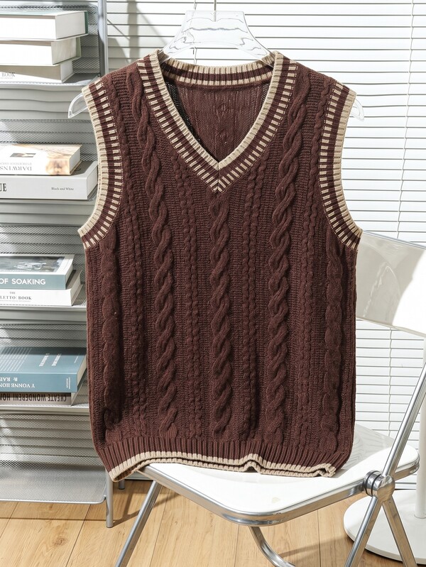 RONVEXI Men's V-Neck Vintage Sleeveless Vest, Retro Cable Knit Spring/Autumn/Winter Top, Brown Stripe Color Contrast Loose Fit Tank Vest, Casual Outfit