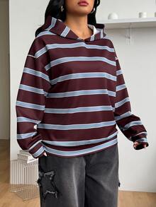 Coolane Women's Men's Plus Size Autumn Going Out Formal Vacation Casual Baggy Streetwear Striped Loose Hooded Brown Sweatshirt - Burgundy - View 7