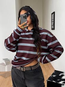 Coolane Women's Men's Plus Size Autumn Going Out Formal Vacation Casual Baggy Streetwear Striped Loose Hooded Brown Sweatshirt - Burgundy - View 4