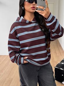 Coolane Women's Men's Plus Size Autumn Going Out Formal Vacation Casual Baggy Streetwear Striped Loose Hooded Brown Sweatshirt - Burgundy - View 5
