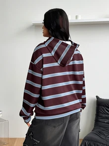 Coolane Women's Men's Plus Size Autumn Going Out Formal Vacation Casual Baggy Streetwear Striped Loose Hooded Brown Sweatshirt - Burgundy - View 6