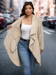 Reflora Plus Size Winter Waterfall Collar Apricot Warm Coat - Apricot - View 7