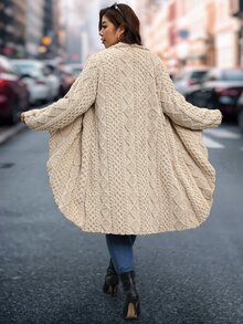 Reflora Plus Size Winter Waterfall Collar Apricot Warm Coat - Apricot - View 3