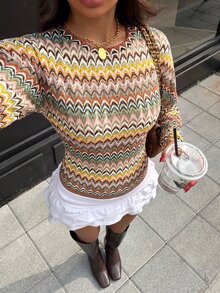 Siren Gaze 女款圓領蝙蝠袖長袖條紋T恤，秋冬新款 - 彩色 - 查看 4