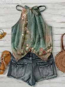 SHEIN LUNE 波西米亚风浅绿色印花露背吊带背心 - 夏季度假上衣，适合海滩、邮轮、音乐节、演唱会、婚礼宾客、城市旅行、海岛度假及乡村音乐活动 - 彩色 - 查看 2