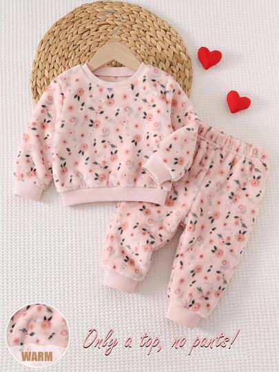 SHEIN Sweatshirt Kasual Musim Gugur Berkerah Bulat Motif Bunga Kecil Rajutan Bulu Imitasi untuk Bayi Perempuan
