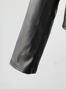 SHEIN 兒童青少年女孩休閒街頭風翻領PU皮革短夾克（附金屬前拉鍊），黑色人造皮革短夾克，適合秋冬穿著，黑色外套兒童機車夾克 - 黑色 - 查看 6