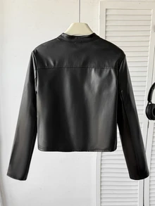 SHEIN 兒童青少年女孩休閒街頭風翻領PU皮革短夾克（附金屬前拉鍊），黑色人造皮革短夾克，適合秋冬穿著，黑色外套兒童機車夾克 - 黑色 - 查看 3