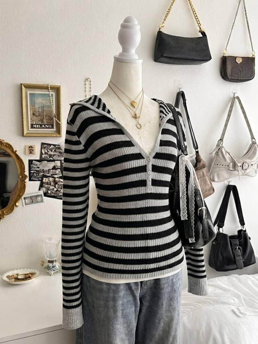 Lalippa Women's Fashion Minimalist Elegant Knit Striped Colorblock Half-Button Knit Top - Black and White - View 1