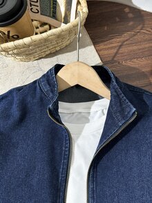 Tween Boy Denim Jacket, Street Style Casual College Look, Denim Washed Blue And Black Color Block Design, Flattering For All Skin Tones, Zipper Closure, Perfect For Street Parties And Gatherings, Easily Become The Focus - Multicolor - View 5