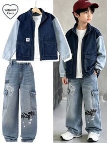 Tween Boy Denim Jacket, Street Style Casual College Look, Denim Washed Blue And Black Color Block Design, Flattering For All Skin Tones, Zipper Closure, Perfect For Street Parties And Gatherings, Easily Become The Focus - Multicolor - View 1