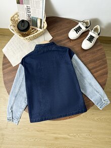 Tween Boy Denim Jacket, Street Style Casual College Look, Denim Washed Blue And Black Color Block Design, Flattering For All Skin Tones, Zipper Closure, Perfect For Street Parties And Gatherings, Easily Become The Focus - Multicolor - View 2